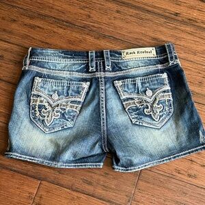 Rock Revival Distressed Blue Denim Embroidered Pocket Shorts